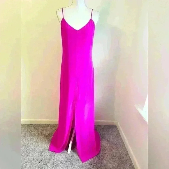 Lavender Brown Fuchsia 100% Silk Front Slit Open Tie Back Slinky Maxi Dress - Picture 1 of 10